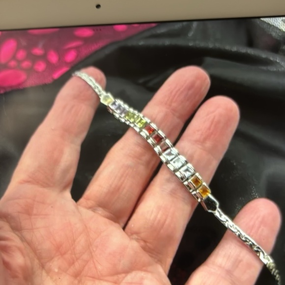 Ladies sterling silver 7” L(5) beautiful color gemstones square, tennis bracelet - Picture 2 of 7